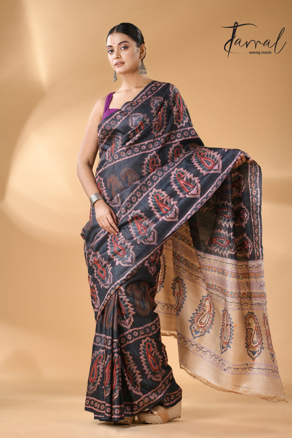 Charcoal black handcrafted Tussar batik silk with Kantha work saree