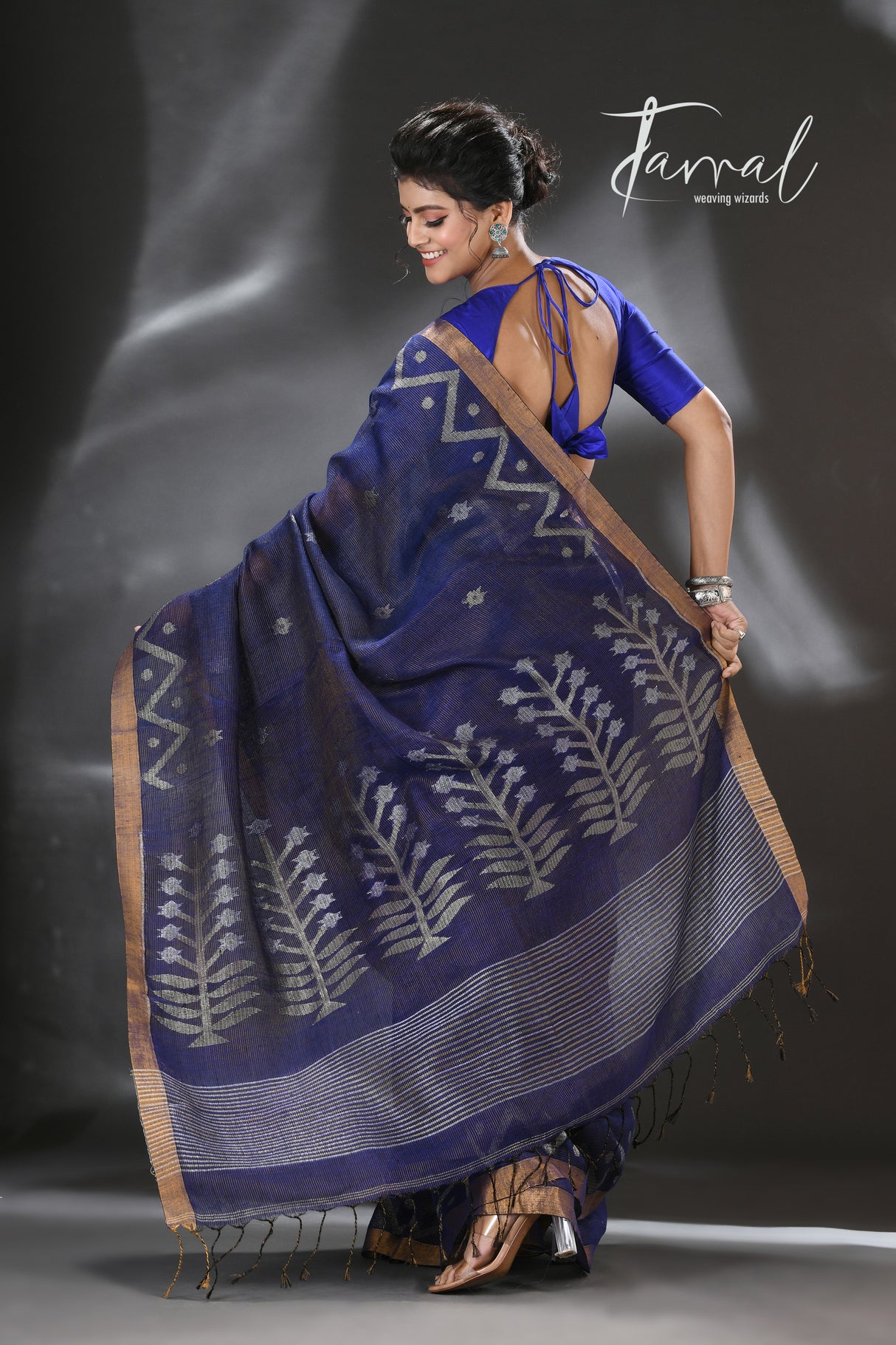 Indigo golden zari border tissue linen temple floral design handwoven jamdani saree