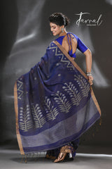 Indigo golden zari border tissue linen temple floral design handwoven jamdani saree - Tamal Boutique