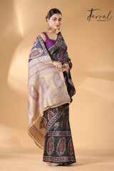 Charcoal black handcrafted Tussar batik silk with Kantha work saree