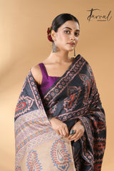 Charcoal black handcrafted Tussar batik silk with Kantha work saree