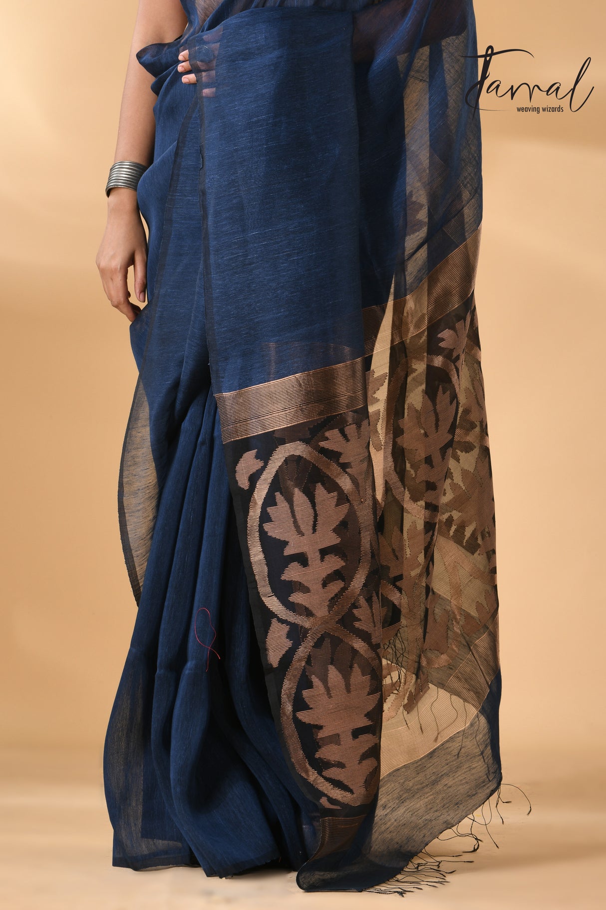 Indigo with golden zari lotus pallu silk linen handwoven jamdani saree