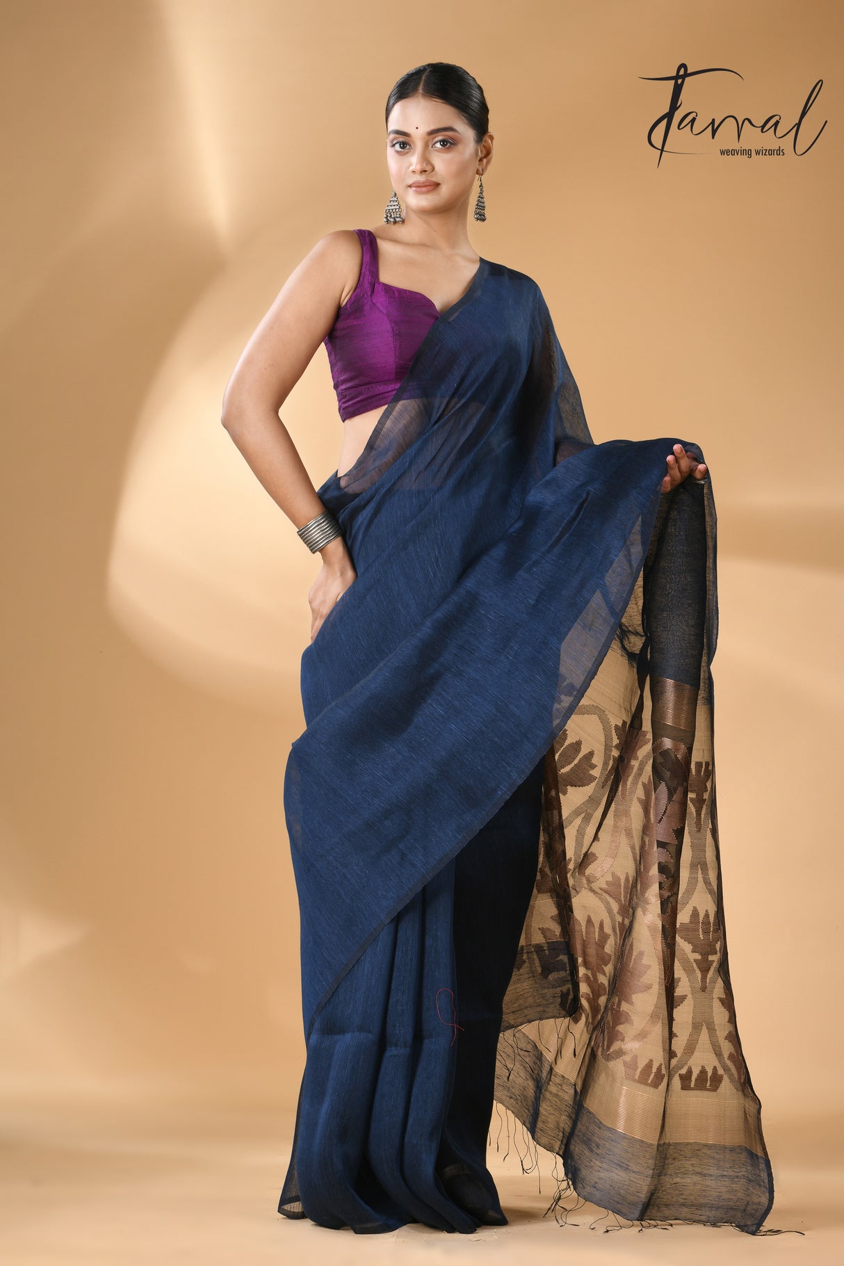 Indigo with golden zari lotus pallu silk linen handwoven jamdani saree