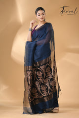 Indigo with golden zari lotus pallu silk linen handwoven jamdani saree