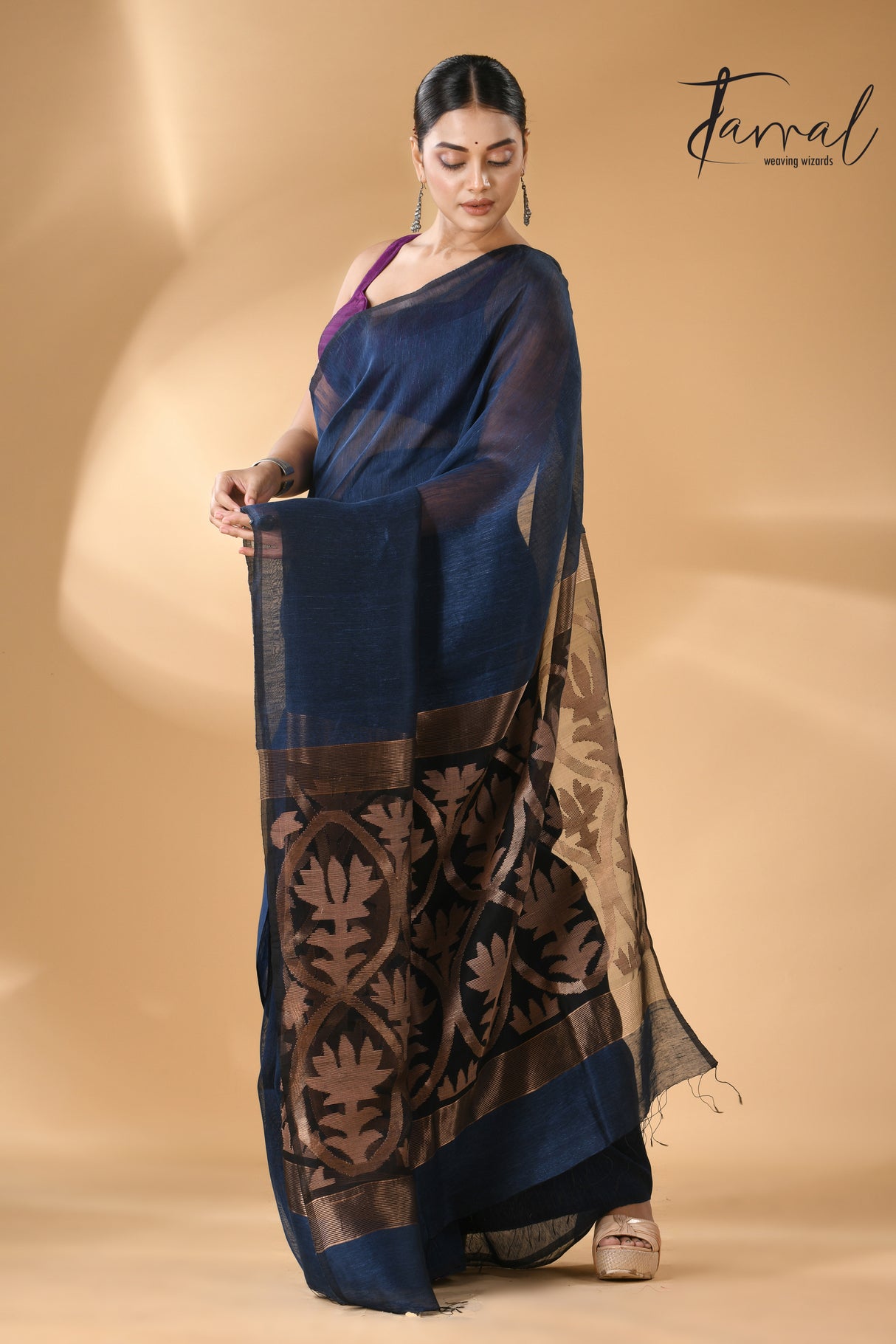 Indigo with golden zari lotus pallu silk linen handwoven jamdani saree