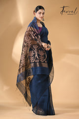 Indigo with golden zari lotus pallu silk linen handwoven jamdani saree