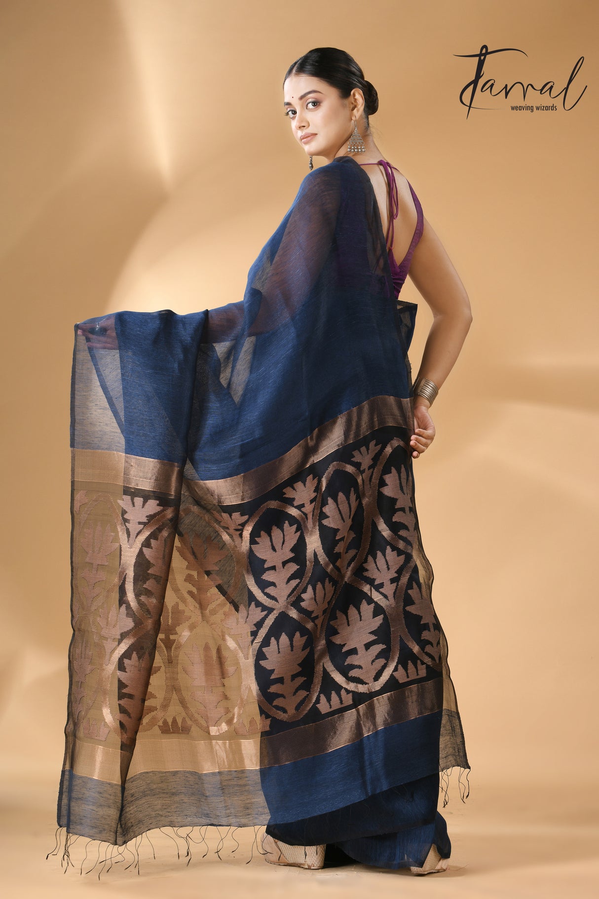 Indigo with golden zari lotus pallu silk linen handwoven jamdani saree