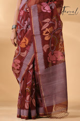 Chocolate brown with multi colour muslin silk allover floral with temple border handwoven jamdani saree - Tamal Boutique