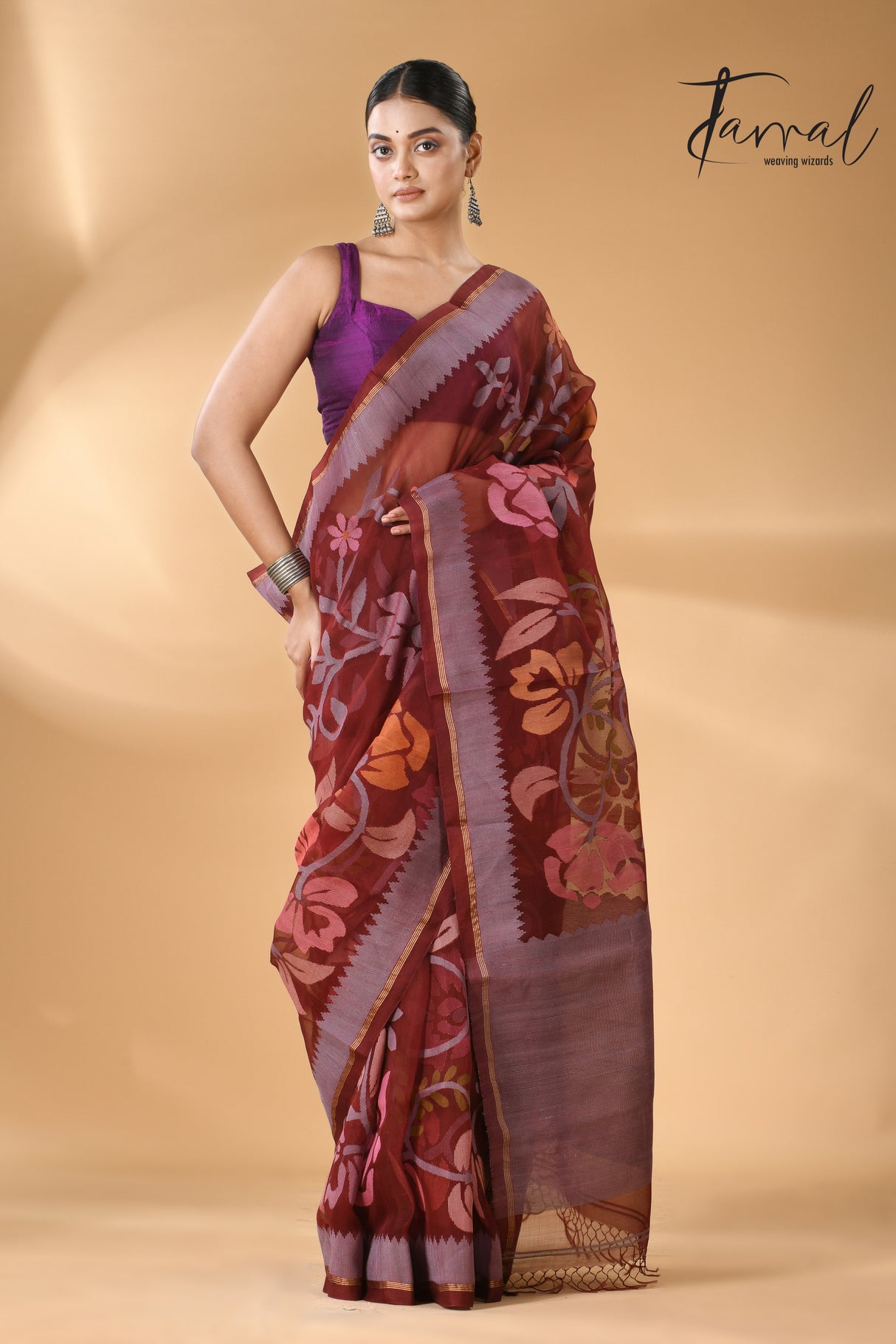 Chocolate brown with multi colour muslin silk allover floral with temple border handwoven jamdani saree - Tamal Boutique