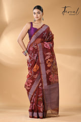 Chocolate brown with multi colour muslin silk allover floral with temple border handwoven jamdani saree - Tamal Boutique