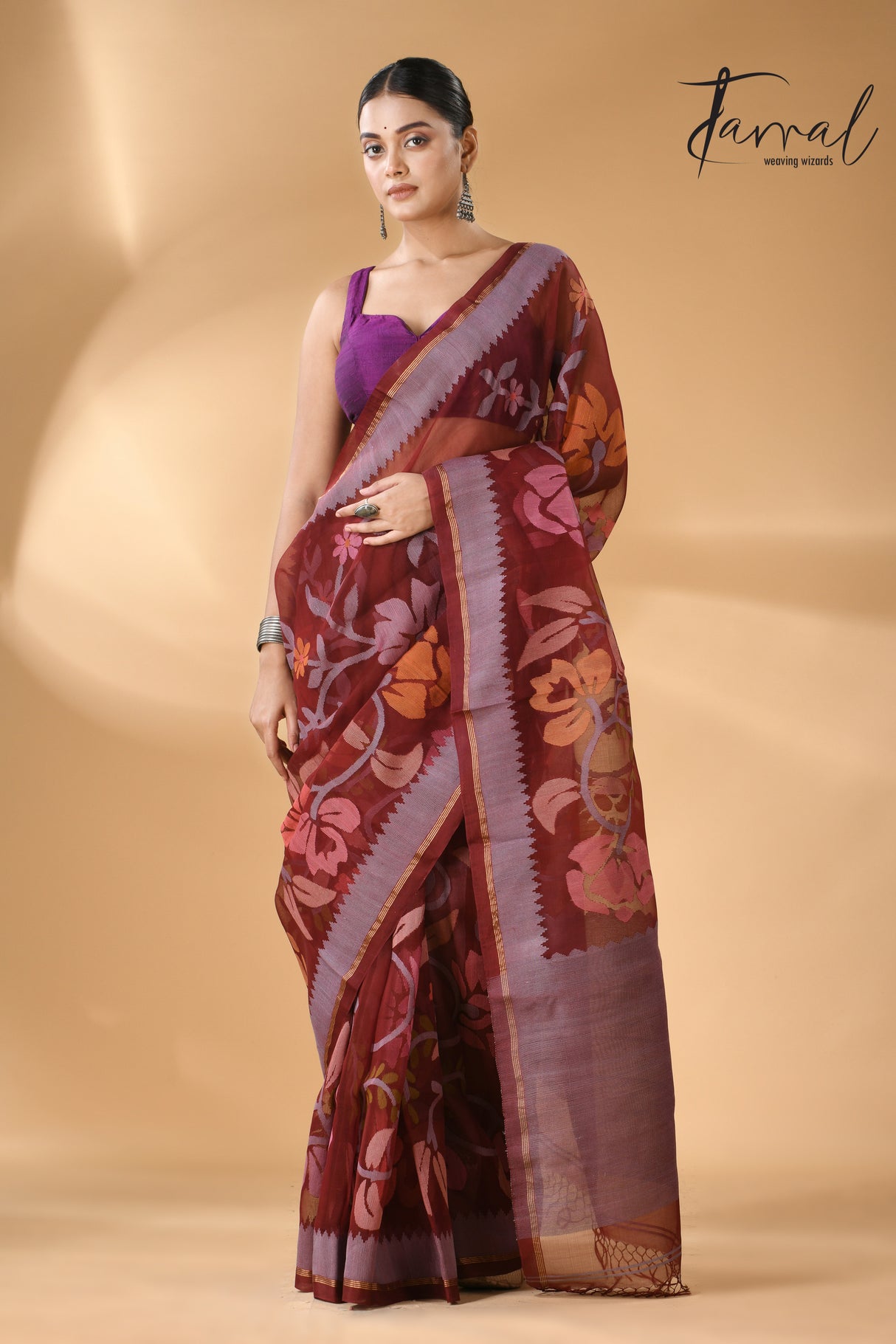 Chocolate brown with multi colour muslin silk allover floral with temple border handwoven jamdani saree - Tamal Boutique