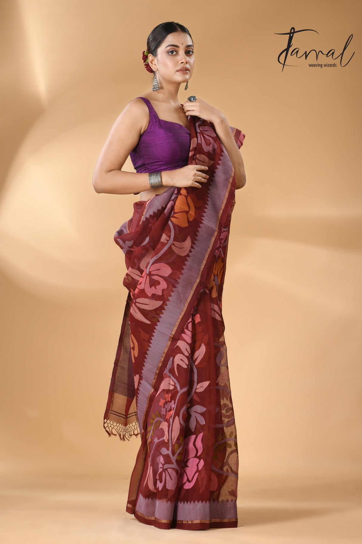 Chocolate brown with multi colour muslin silk allover floral with temple border handwoven jamdani saree - Tamal Boutique