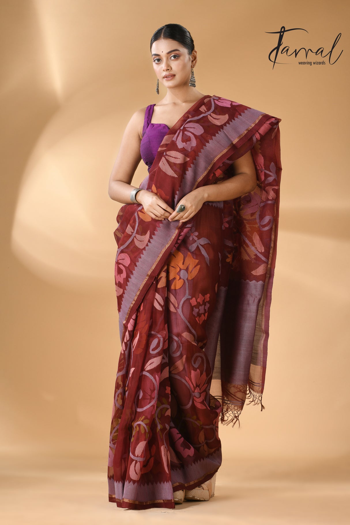 Chocolate brown with multi colour muslin silk allover floral with temple border handwoven jamdani saree - Tamal Boutique