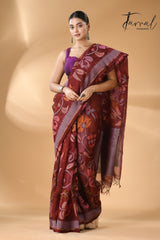 Chocolate brown with multi colour muslin silk allover floral with temple border  handwoven jamdani saree