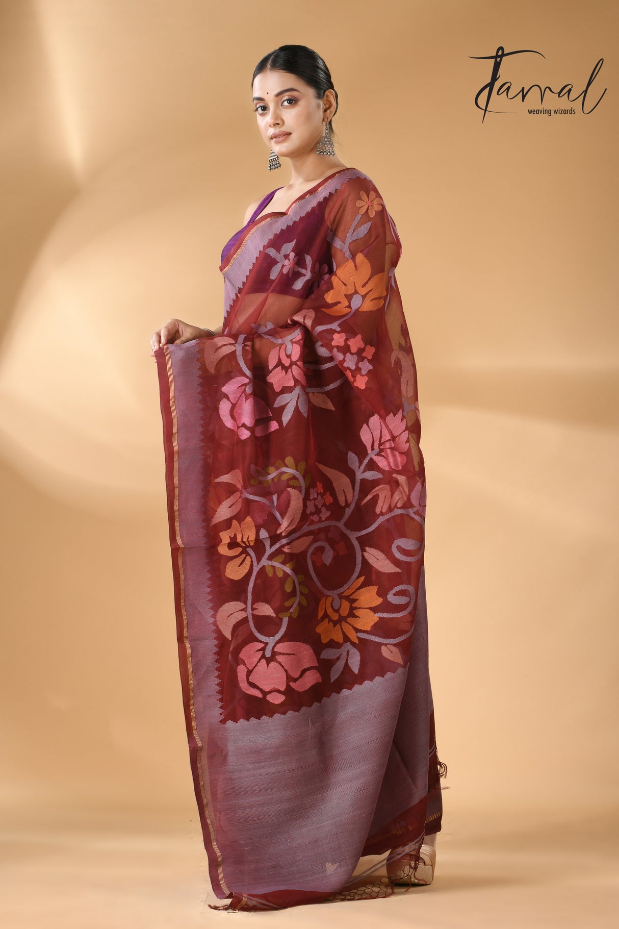 Chocolate brown with multi colour muslin silk allover floral with temple border  handwoven jamdani saree