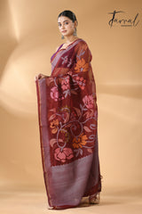 Chocolate brown with multi colour muslin silk allover floral with temple border handwoven jamdani saree - Tamal Boutique