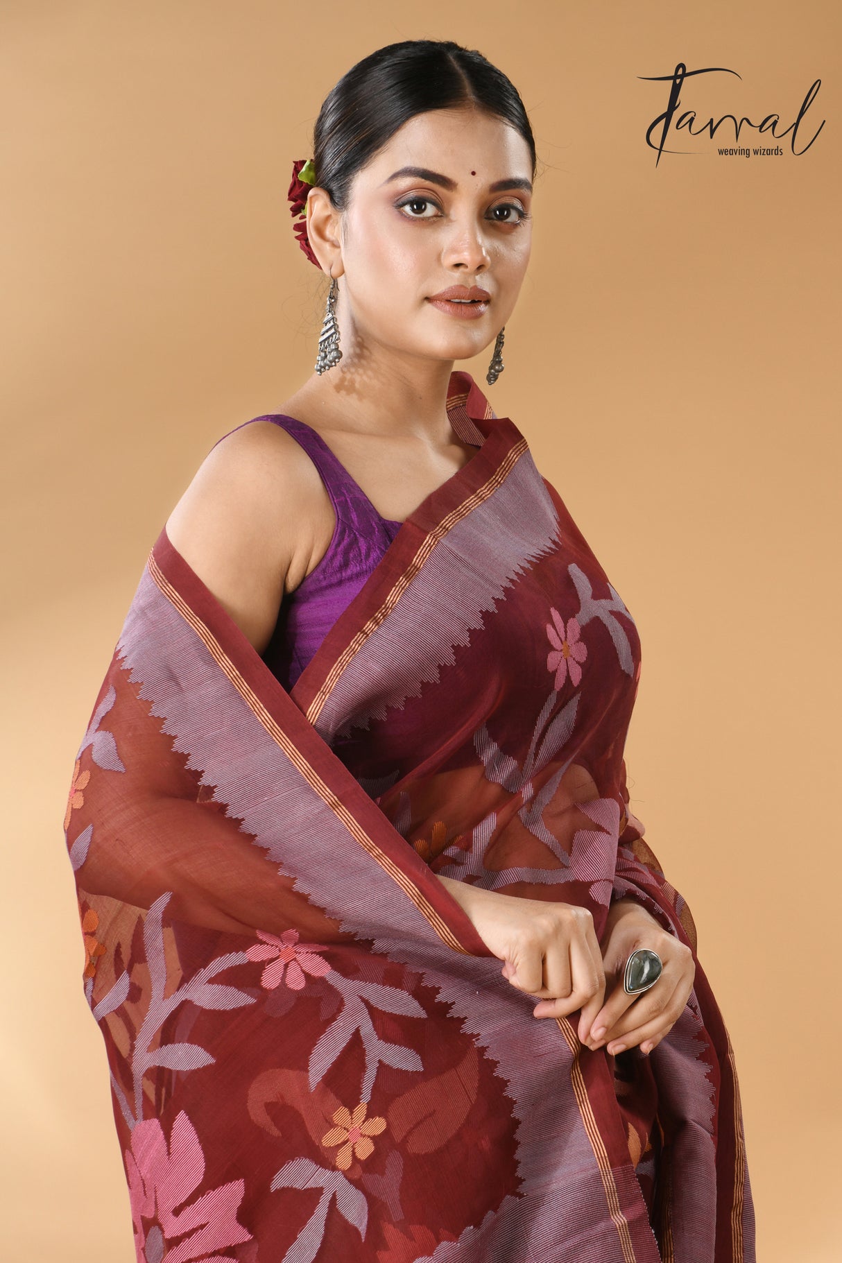 Chocolate brown with multi colour muslin silk allover floral with temple border handwoven jamdani saree - Tamal Boutique