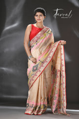 Beige with red border and Multicolor dhakai jamdani tussar silk handwoven jamdani saree