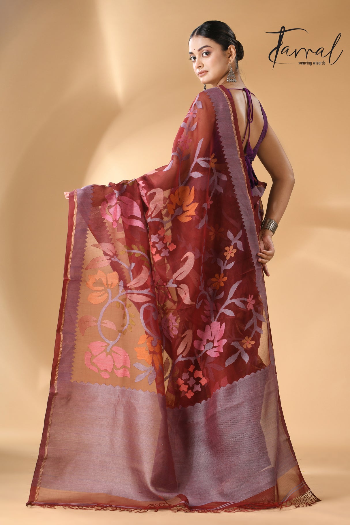 Chocolate brown with multi colour muslin silk allover floral with temple border  handwoven jamdani saree