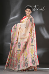 Beige with red border and Multicolor dhakai jamdani tussar silk handwoven jamdani saree