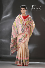 Beige with red border and Multicolor dhakai jamdani tussar silk handwoven jamdani saree