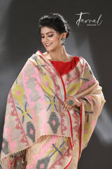 Beige with red border and Multicolor dhakai jamdani tussar silk handwoven jamdani saree