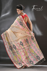 Beige with red border and Multicolor dhakai jamdani tussar silk handwoven jamdani saree