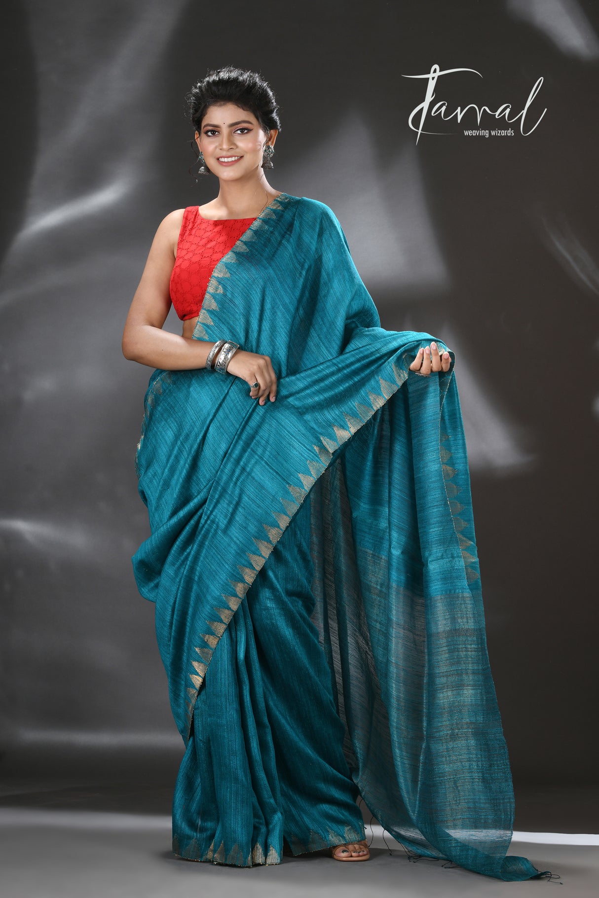 Peacock blue colour zari temple border handwoven matka silk jamdani saree