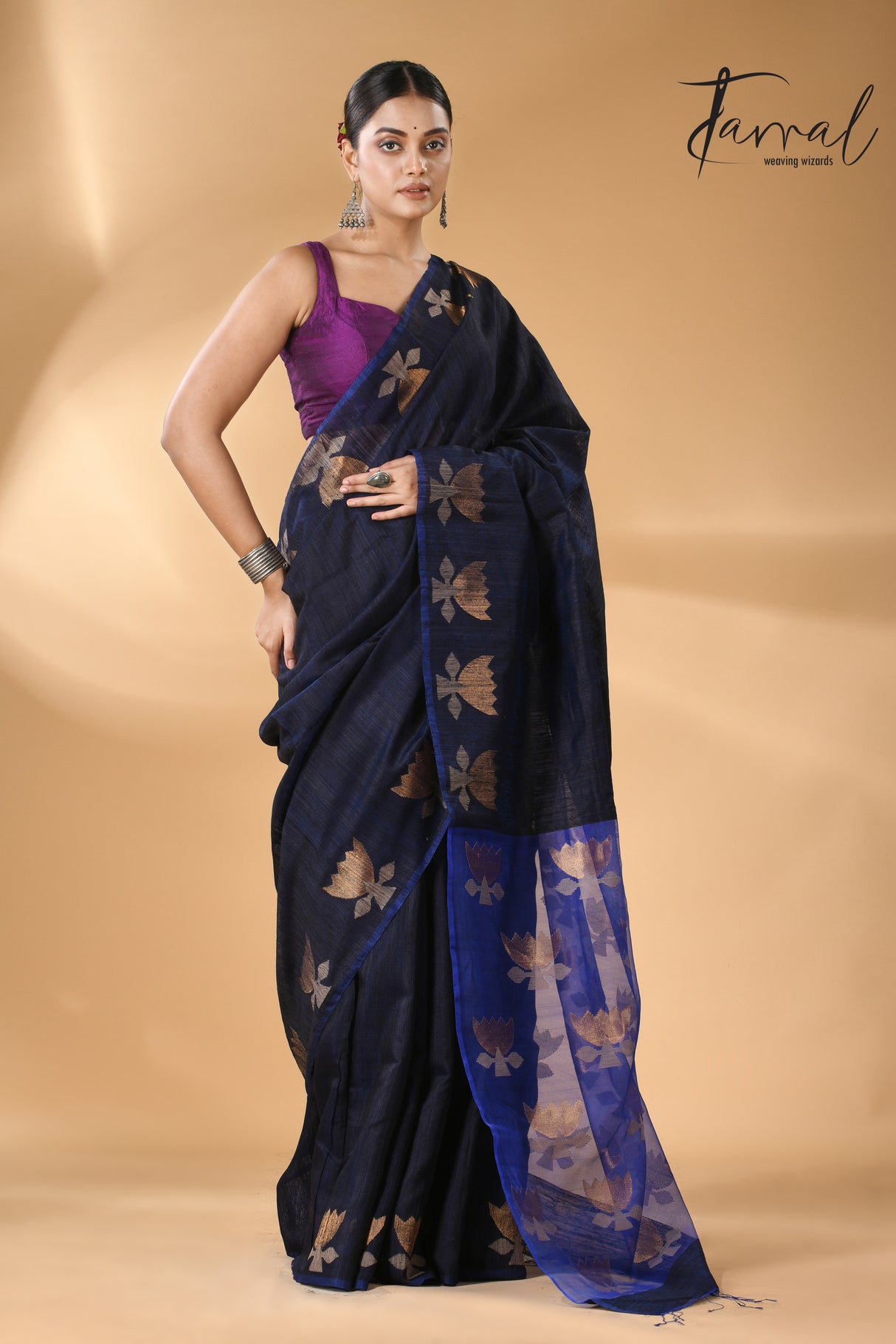 Midnight blue with royal blue gold lotus handwoven matka silk jamdani saree