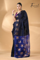 Midnight blue with royal blue gold lotus handwoven matka silk jamdani saree