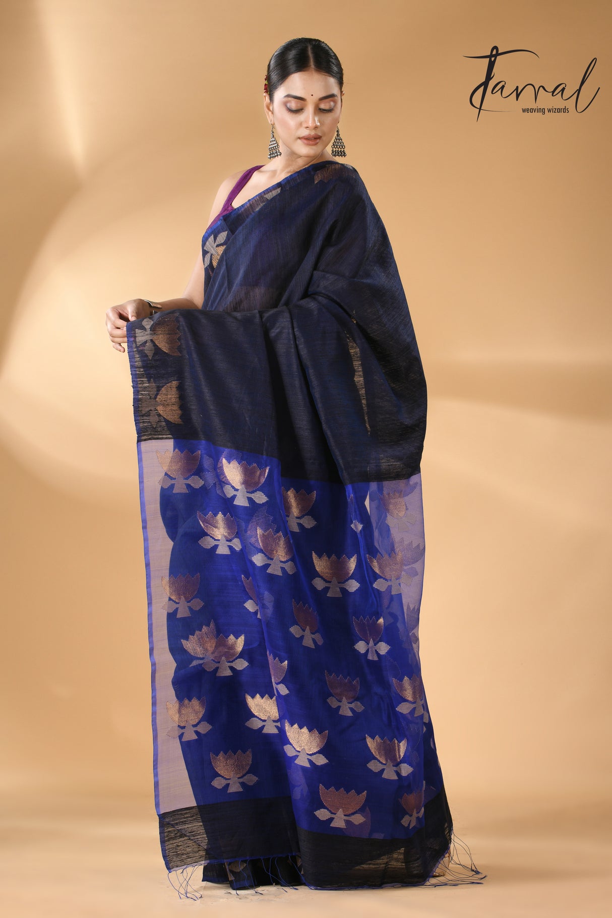 Midnight blue with royal blue gold lotus handwoven matka silk jamdani saree