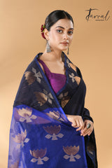 Midnight blue with royal blue gold lotus handwoven matka silk jamdani saree