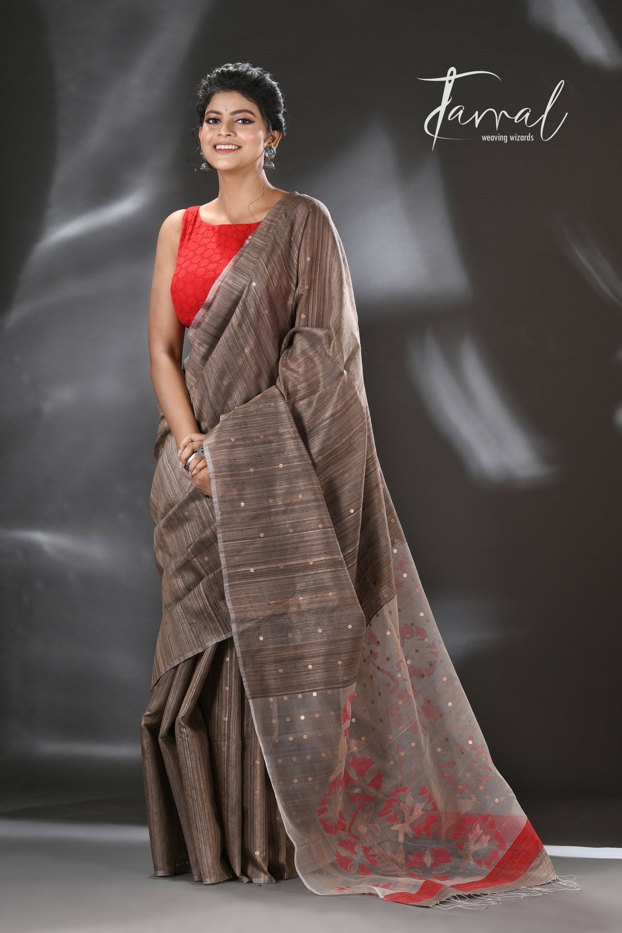 Dark beige with red & gold pallu sequins handwoven matka silk jamdani saree