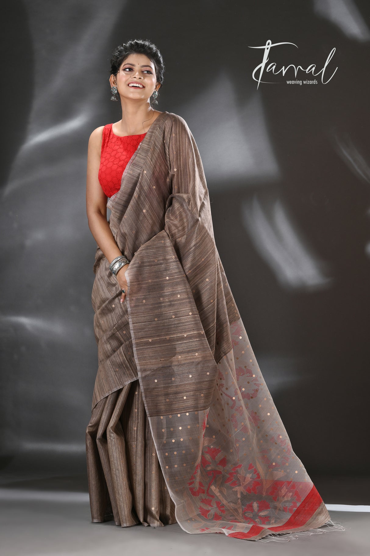 Dark beige with red & gold pallu sequins handwoven matka silk jamdani saree