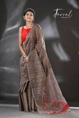 Dark beige with red & gold pallu sequins handwoven matka silk jamdani saree - Tamal Boutique