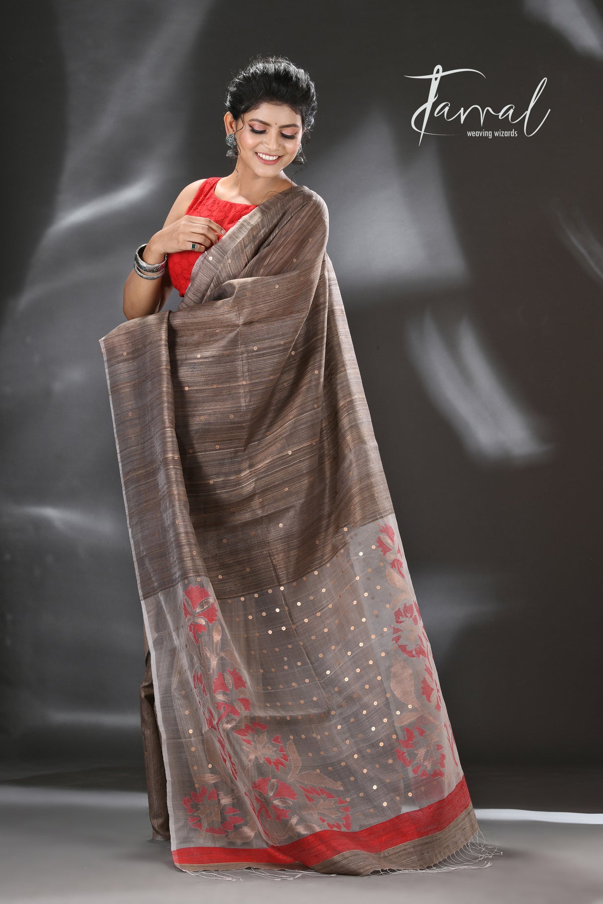 Dark beige with red & gold pallu sequins handwoven matka silk jamdani saree - Tamal Boutique