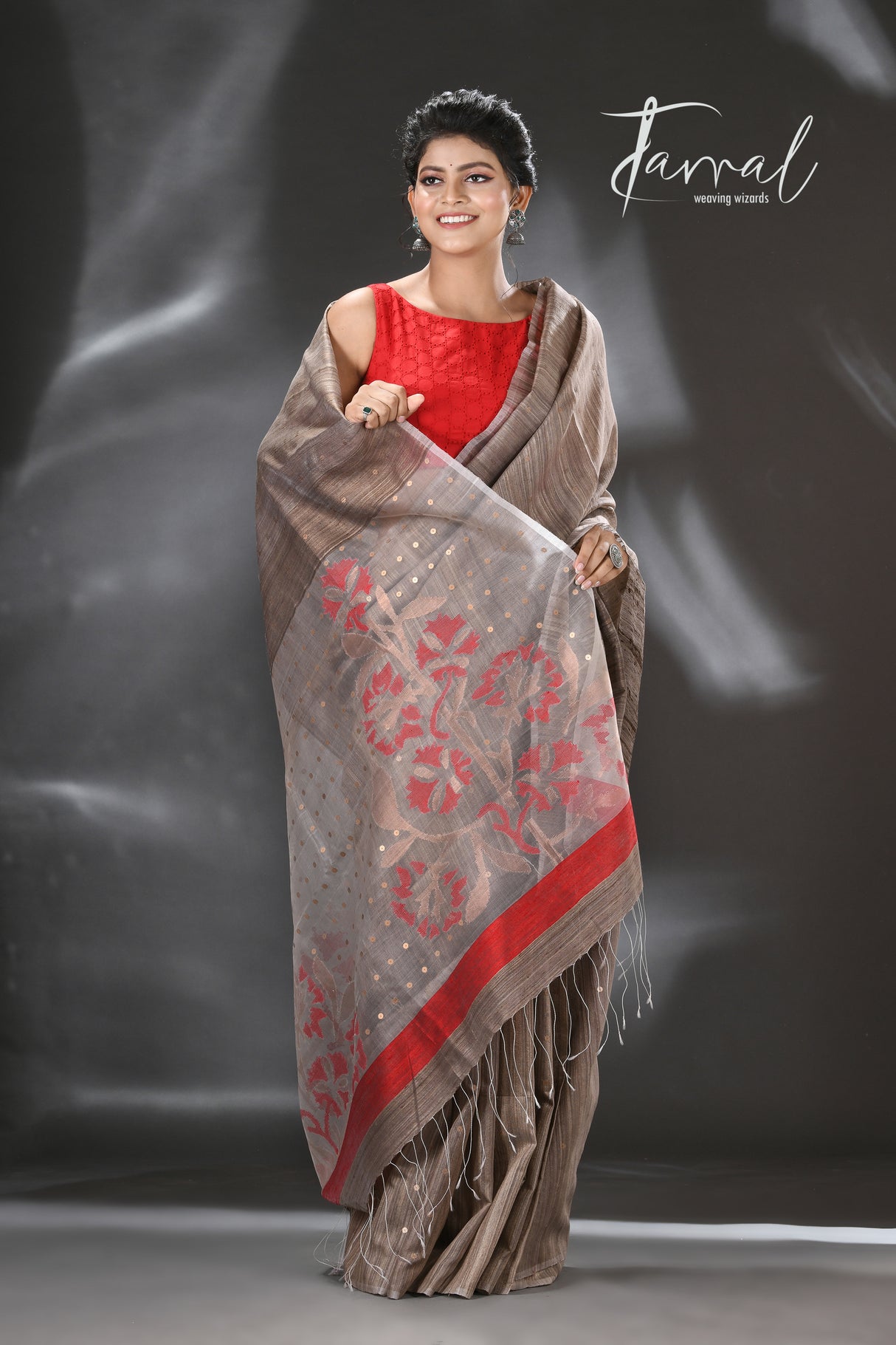 Dark beige with red & gold pallu sequins handwoven matka silk jamdani saree