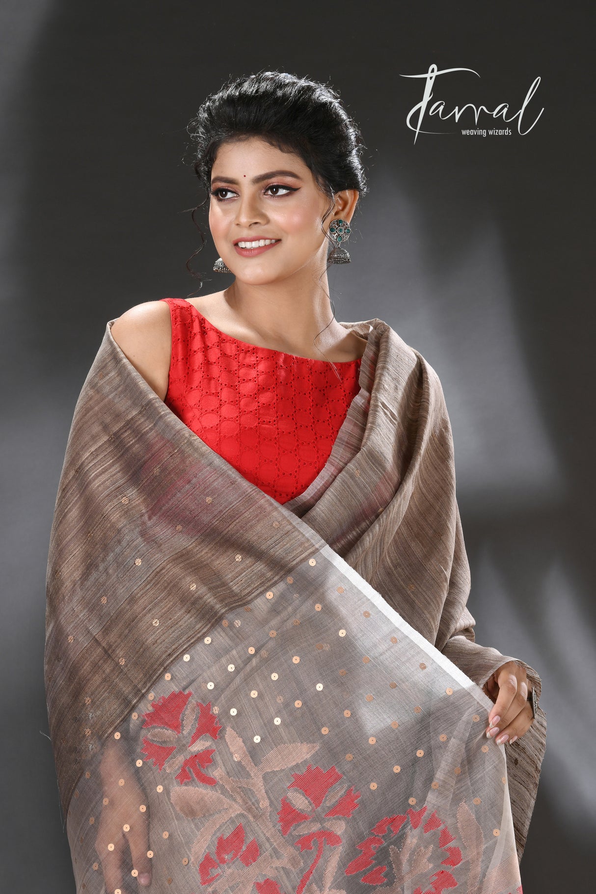 Dark beige with red & gold pallu sequins handwoven matka silk jamdani saree