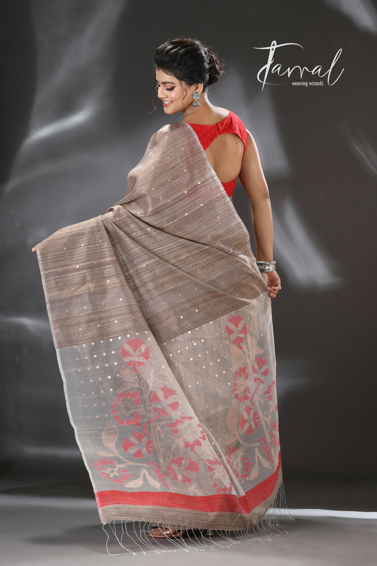 Dark beige with red & gold pallu sequins handwoven matka silk jamdani saree