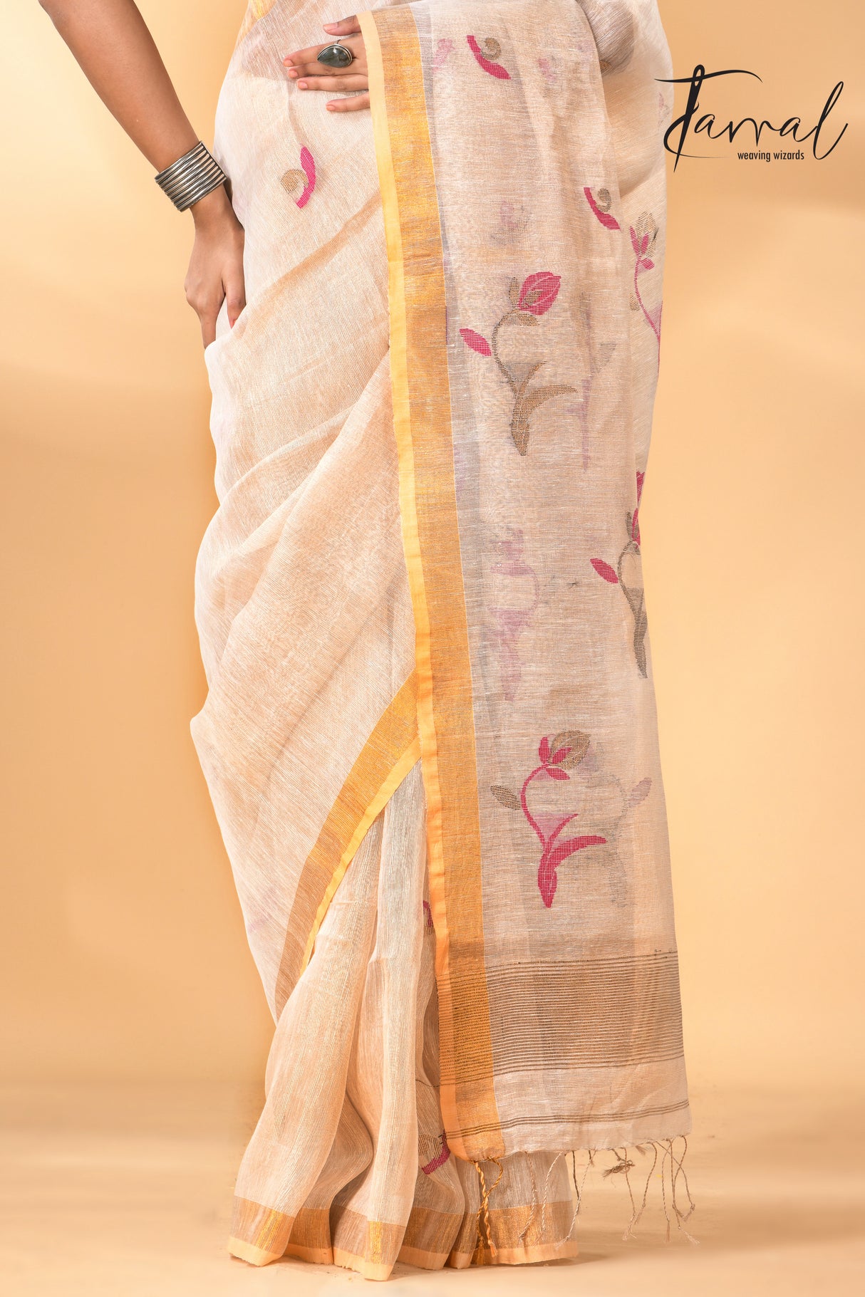 White Gold buds tissue linen handwoven jamdani saree - Tamal Boutique