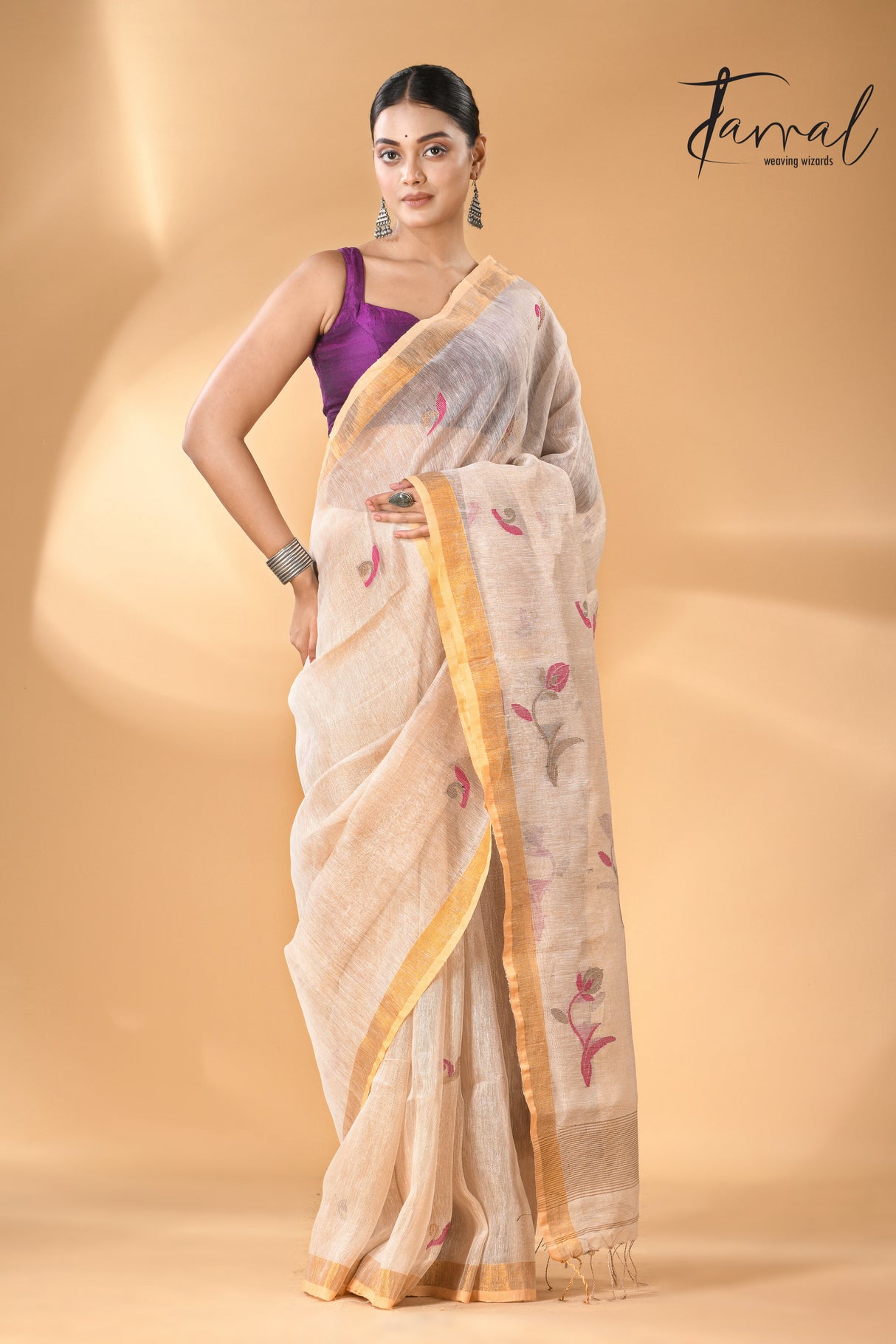 White Gold buds tissue linen handwoven jamdani saree