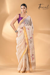 White Gold buds tissue linen handwoven jamdani saree - Tamal Boutique