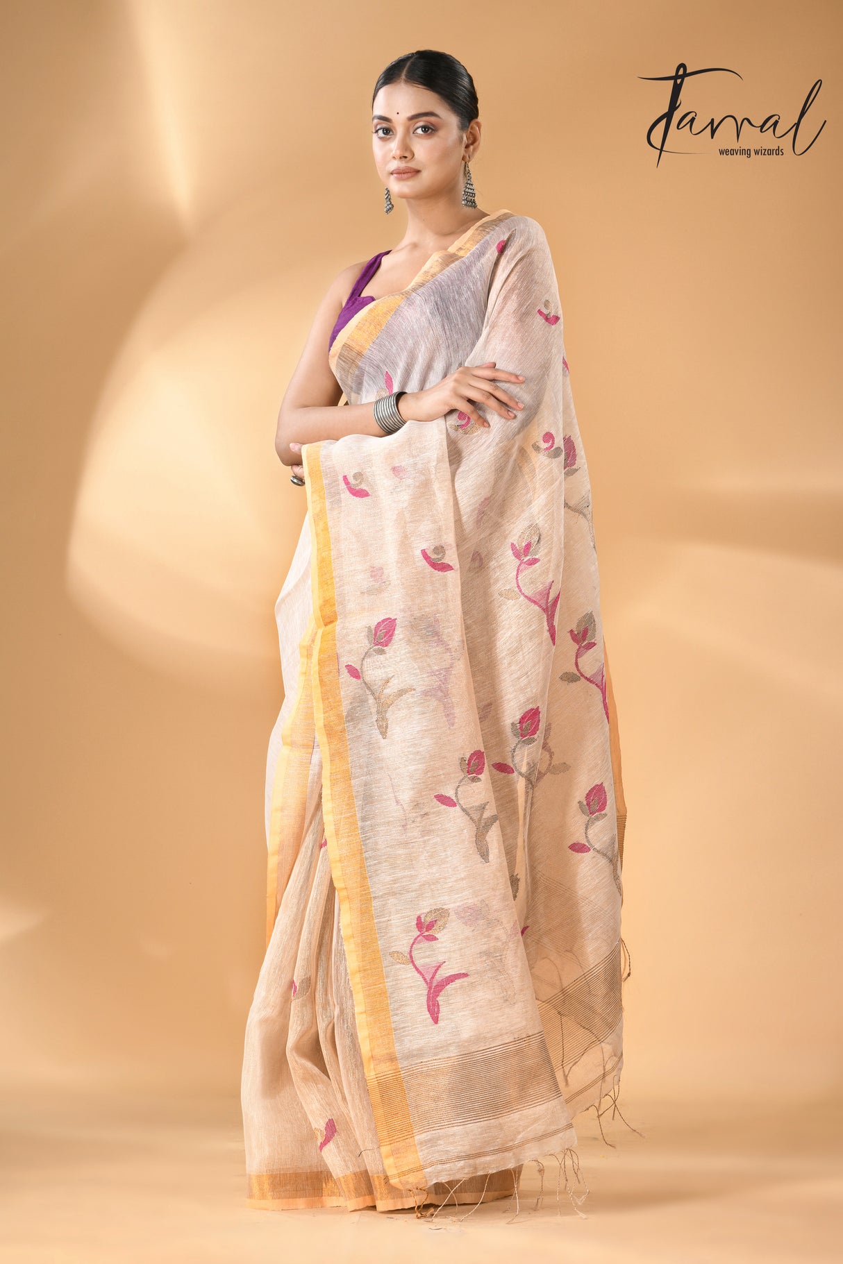 White Gold buds tissue linen handwoven jamdani saree