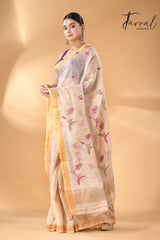 White Gold buds tissue linen handwoven jamdani saree - Tamal Boutique