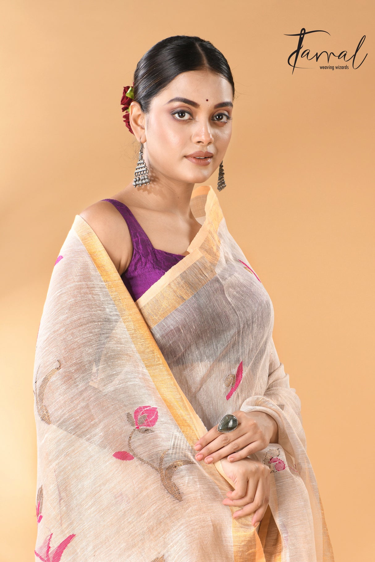 White Gold buds tissue linen handwoven jamdani saree