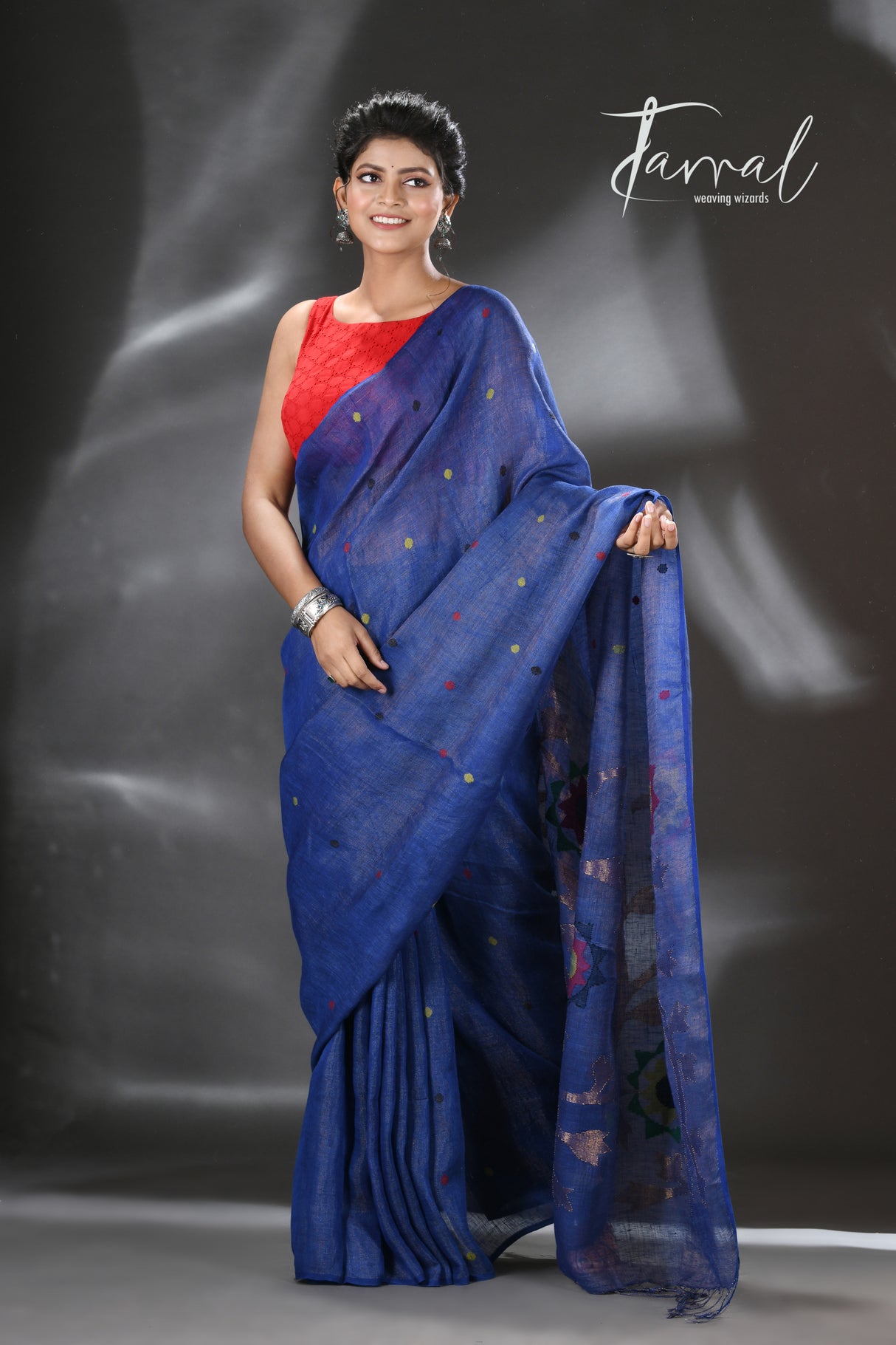 Blue with multicolour pure linen handwoven jamdani saree