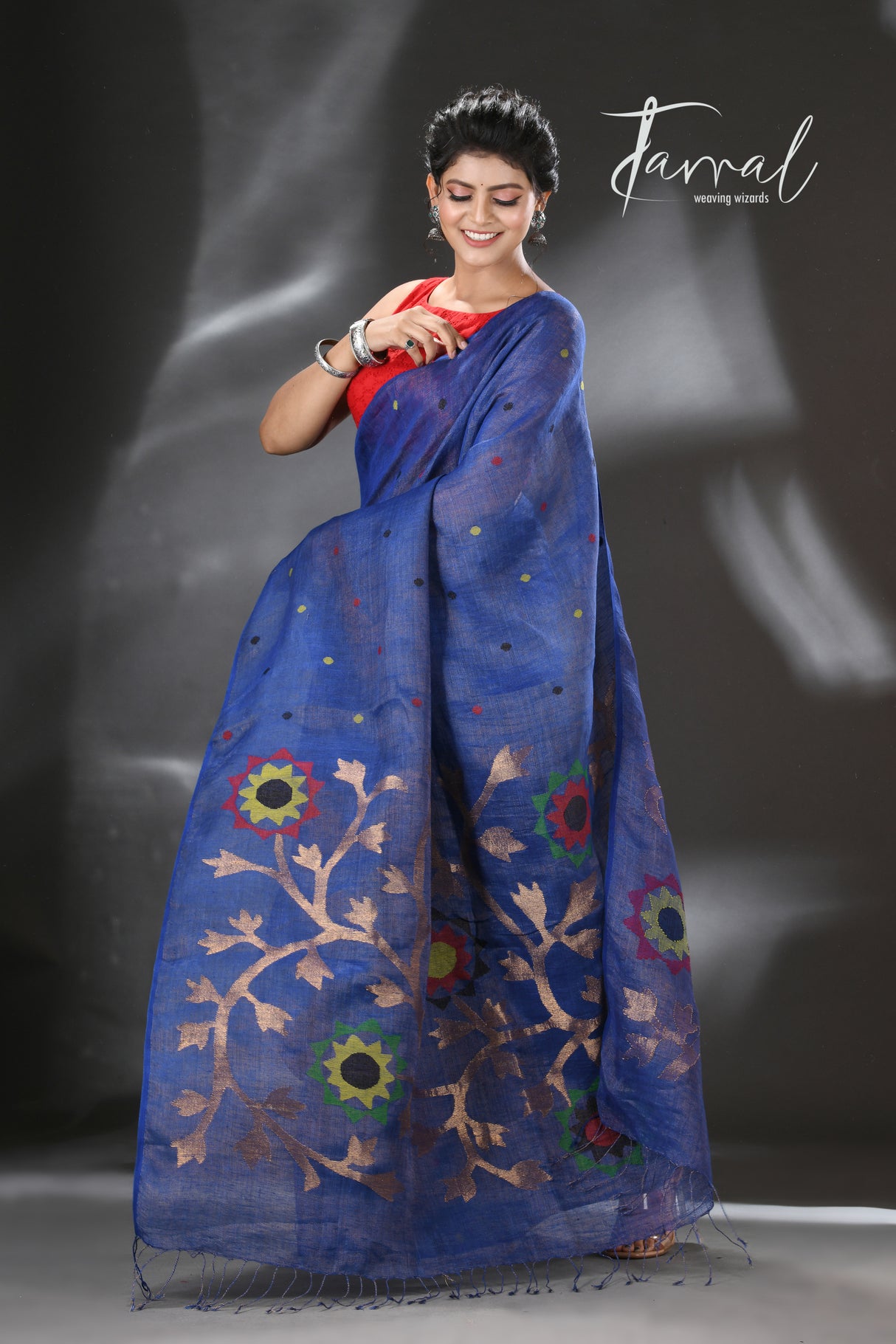 Blue with multicolour pure linen handwoven jamdani saree - Tamal Boutique