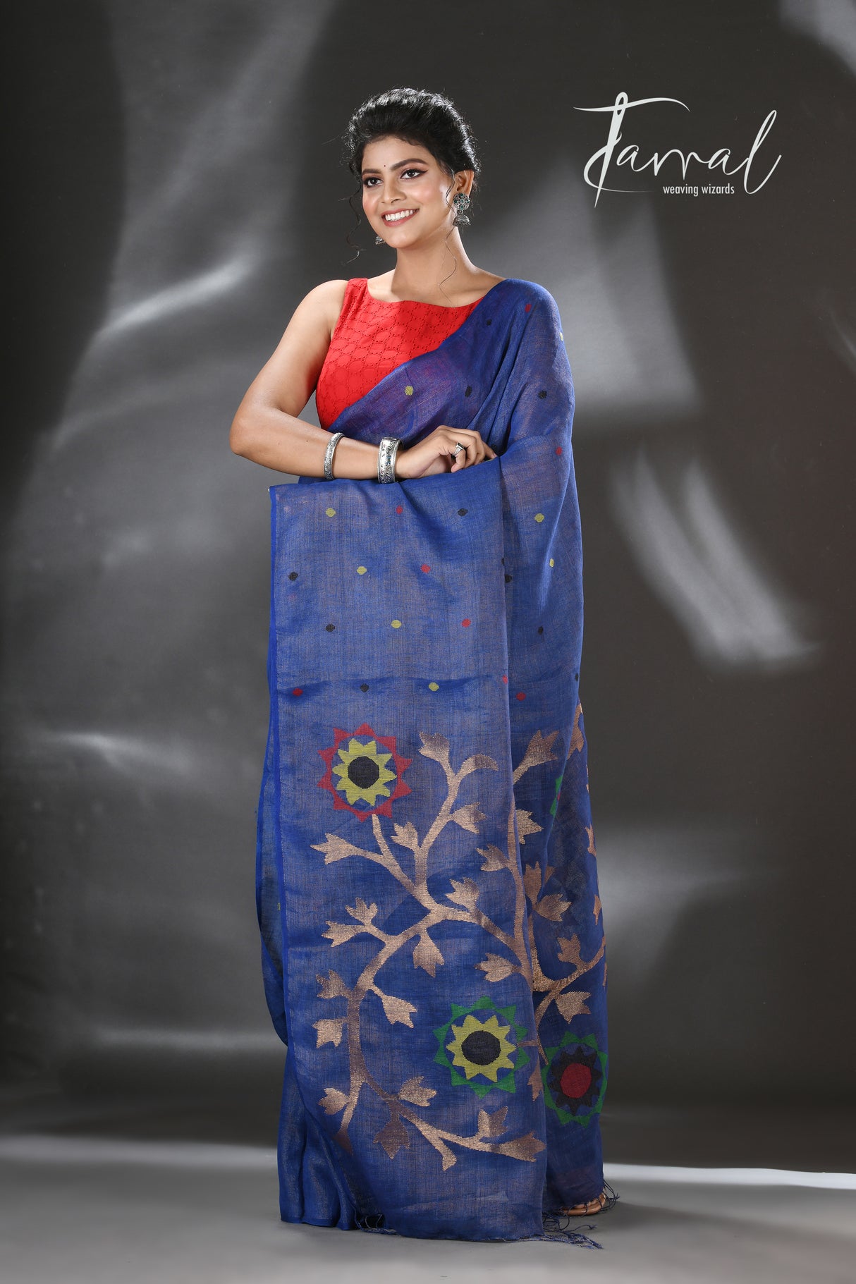 Blue with multicolour pure linen handwoven jamdani saree