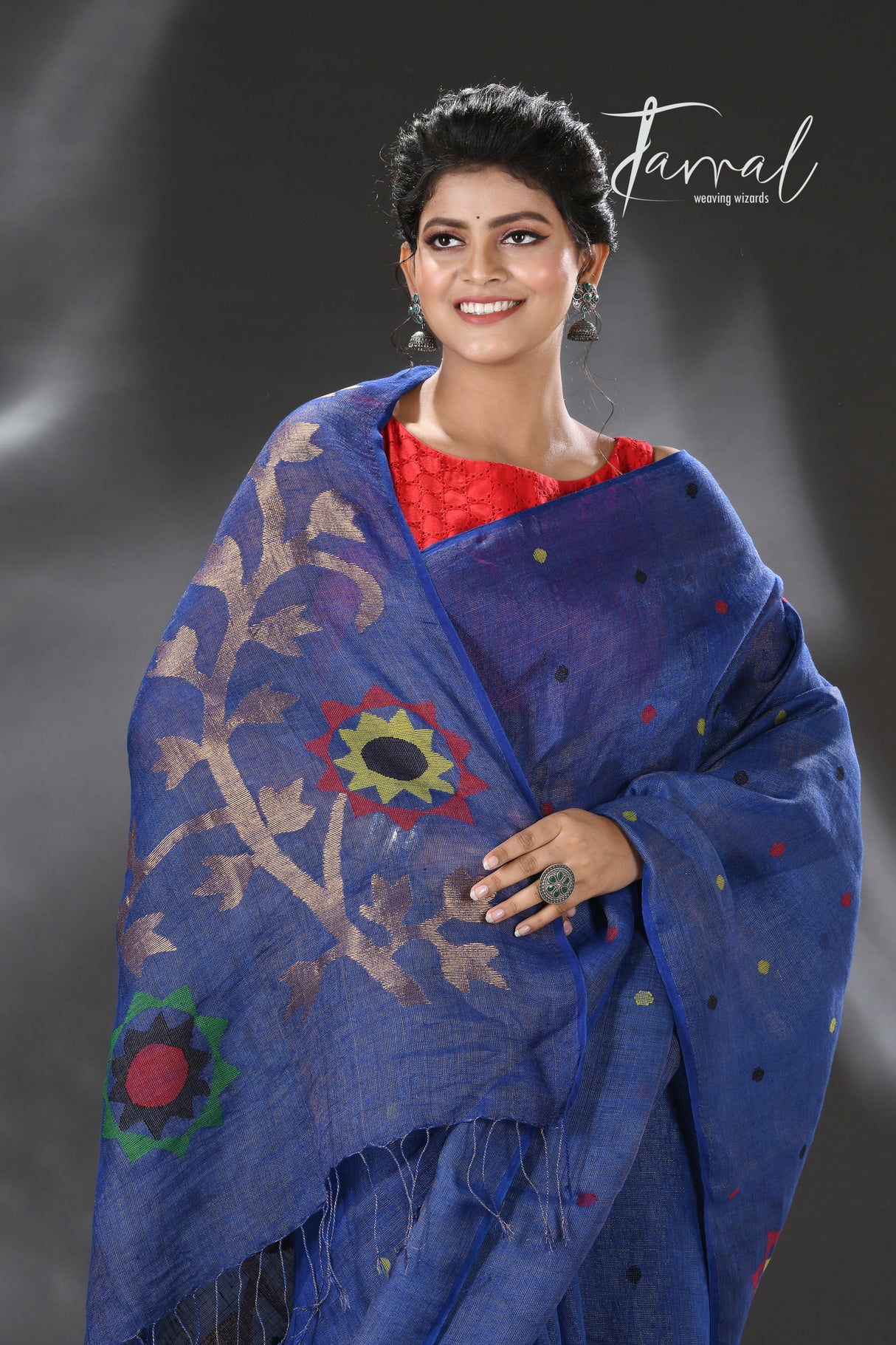 Blue with multicolour pure linen handwoven jamdani saree