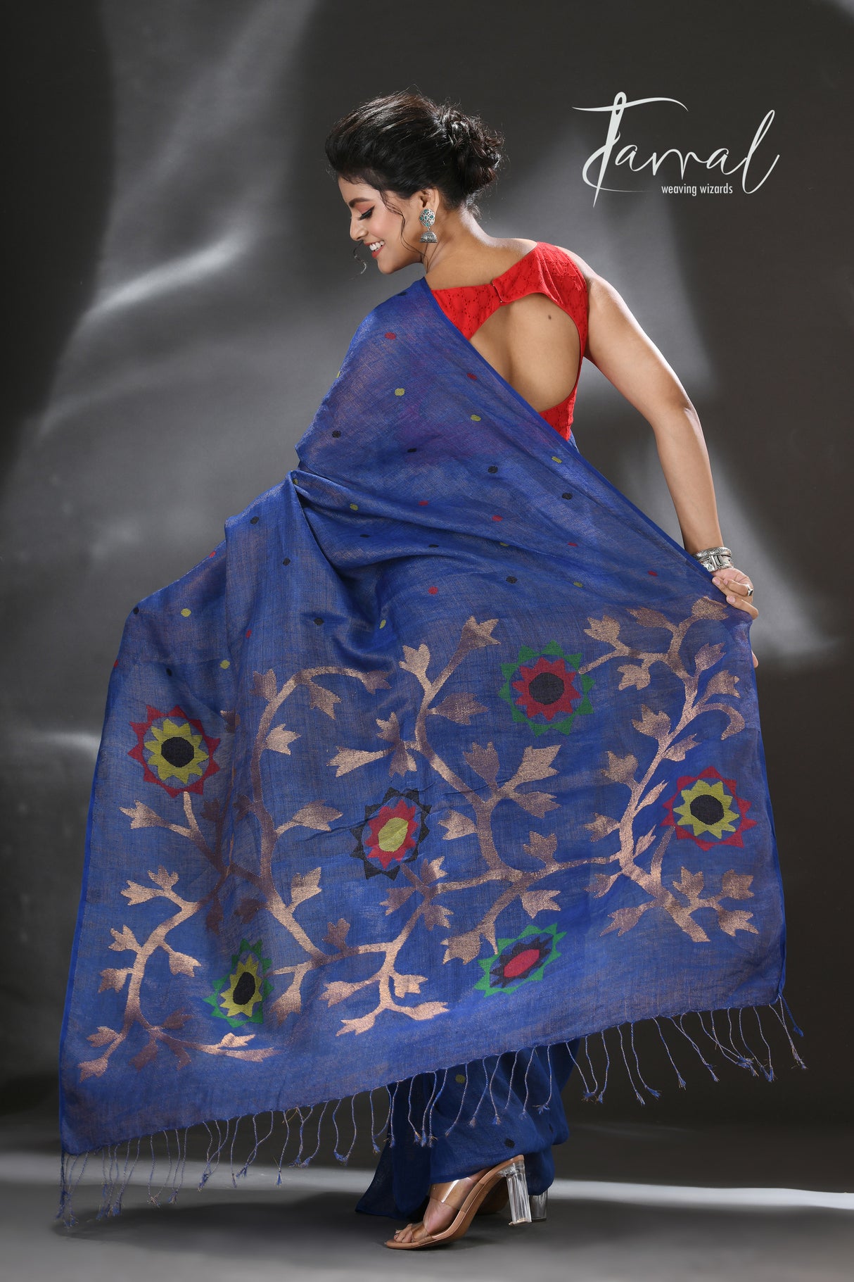 Blue with multicolour pure linen handwoven jamdani saree - Tamal Boutique